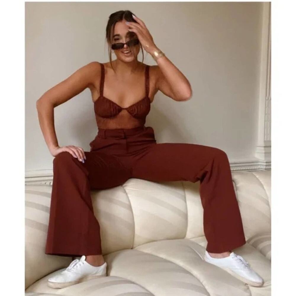 2/$30 NWT Danielle Bernstein Lace Illusion Thong Bodysuit Warm Brown Mesh #5867